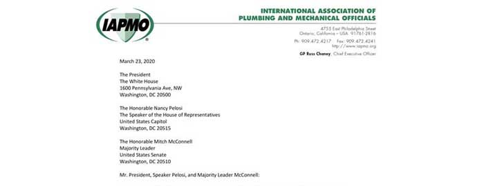 IAPMO CEO Sends Letter to White House, Congressional Leaders Advocating for Plumbing Industry in Federal Response to COVID-19 Pandemic