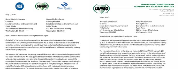 IAPMO, Industry Partners Reach Out to U.S. Senate Committee With Recommendations on Water Infrastructure Legislation