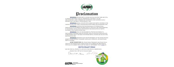 IAPMO Issues Proclamation Observing SepticSmart Week